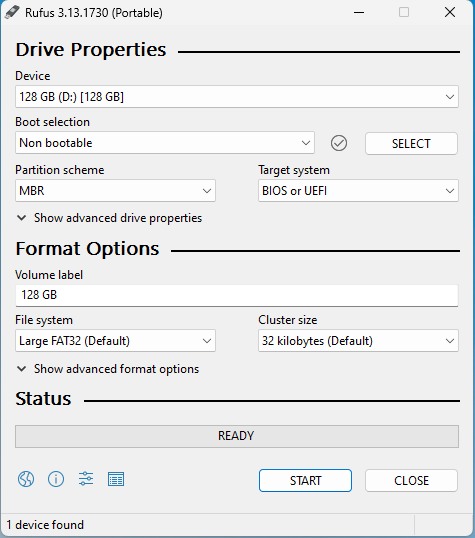 A screenshot of rufus showing the settings used