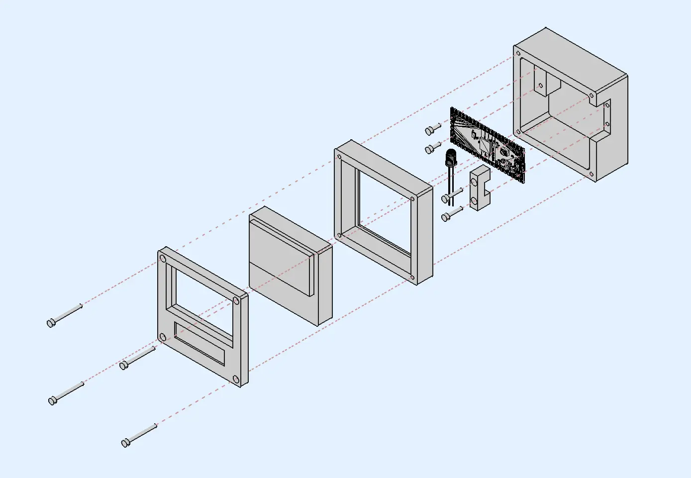 An exploded view of the various pieces of the nuvu meter