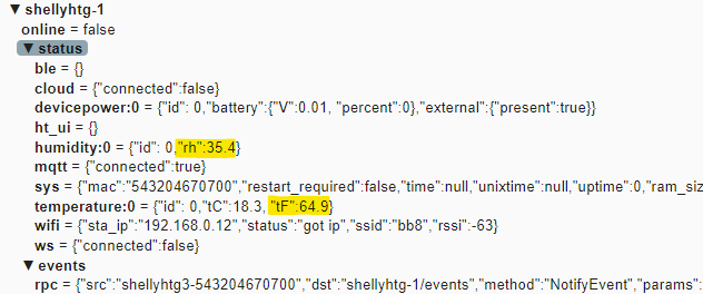 A screenshot of MQTTExplorer showing the various messages sent by a Shelly H&T