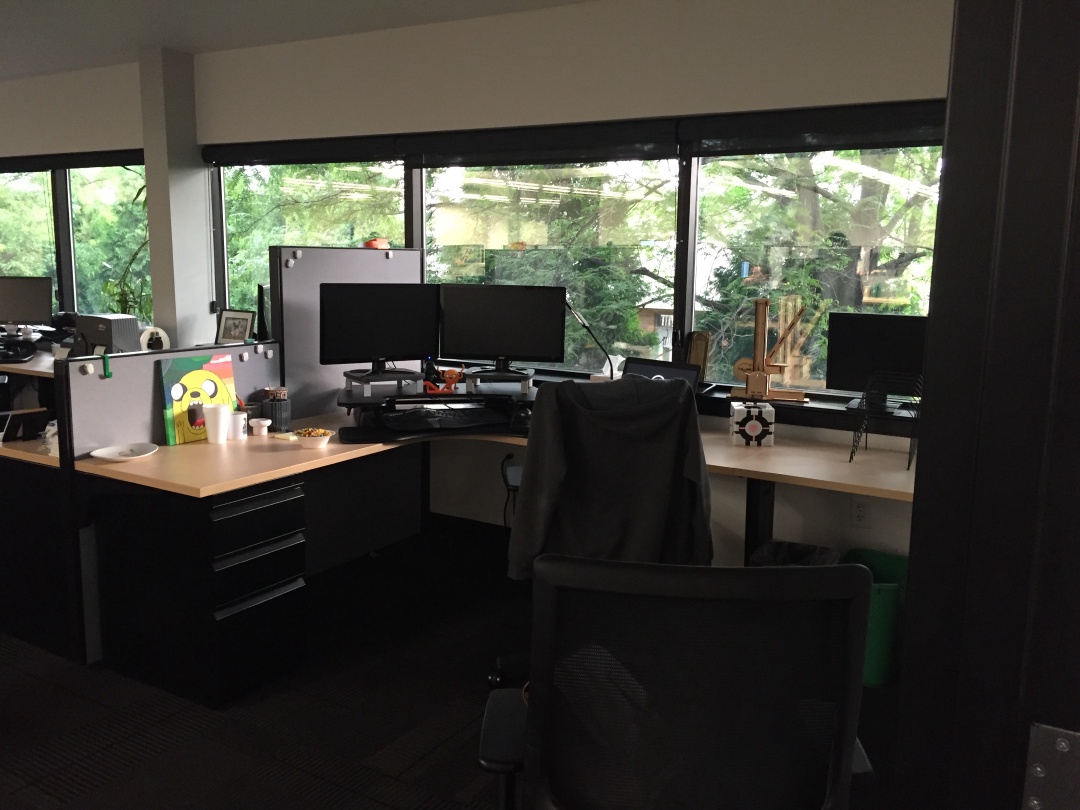 Two widescreen monitors overlooking a large wall of windows